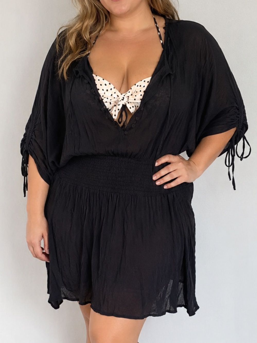 ASOS Black Swim Cover Up Dress Smocked Waist Beach Coverup Size 14